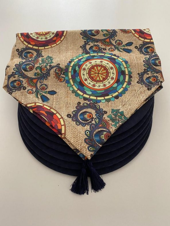 Ayşemce amerikan servis takım (çuval "baskılı" etnik mandala desen runner 6 lacivert renk supla)