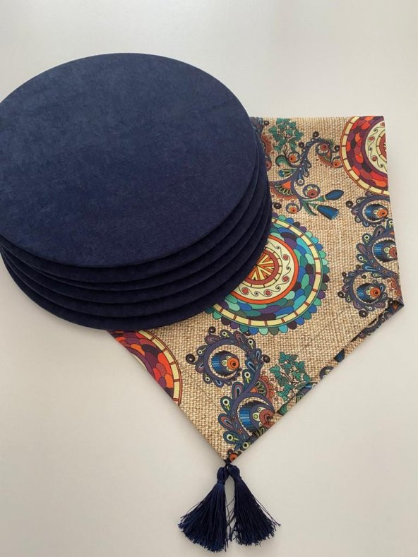 Ayşemce amerikan servis takım (çuval "baskılı" etnik mandala desen runner 6 lacivert renk supla) - 2