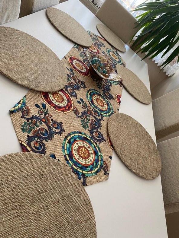 Ayşemce çuval (görönümlü) zemin etnik mandala desenli runner 6 hasır baskılı supla amerikan servis takım - 2