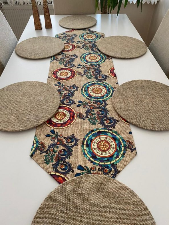 Ayşemce çuval (görönümlü) zemin etnik mandala desenli runner 6 hasır baskılı supla amerikan servis takım - 3