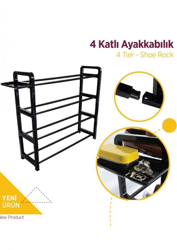 4 Katlı Siyah Ayakkabılık Dekoratif Ayakkabılık Demonte 1. Sınıf - 2