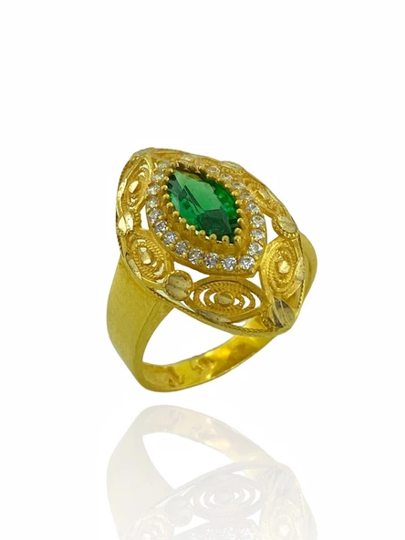 8 Ayar Mekik Zümrüt Taş Maraş Kalemkar İşleme Altın Yüzük - Resim 2