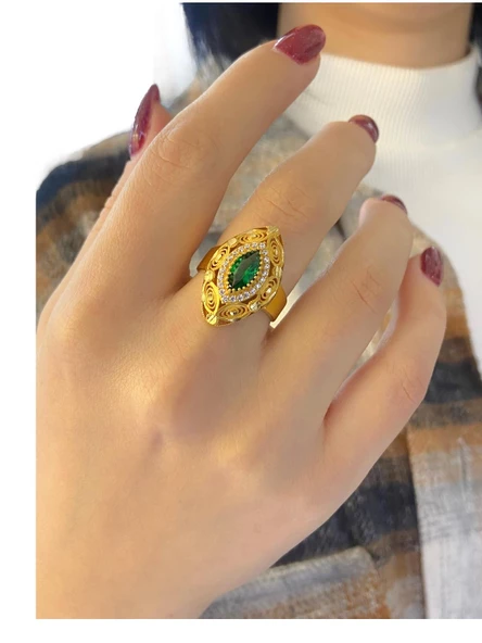 8 Ayar Mekik Zümrüt Taş Maraş Kalemkar İşleme Altın Yüzük - Resim 3