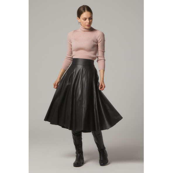 SORALLİNE KADIN SUNİ DERİ ETEK KLOŞ 783 SİYAH - 2