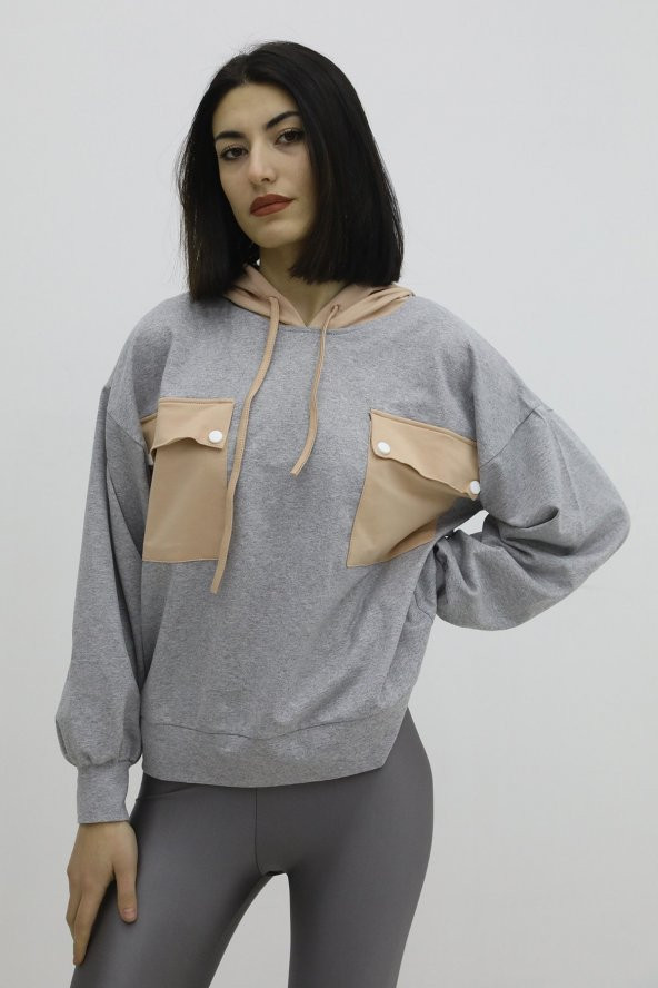 Kapşonlu Çift Cepli Sweat Gri - P-019798