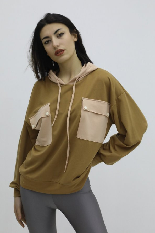 Kapşonlu Çift Cepli Sweat Taba - P-019798