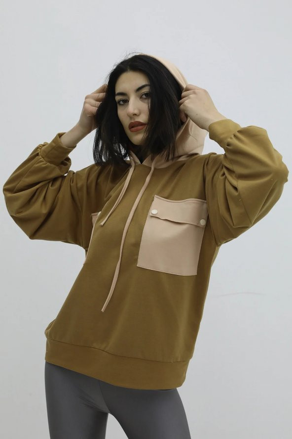 Kapşonlu Çift Cepli Sweat Taba - P-019798 - 2