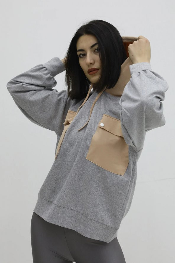 Kapşonlu Çift Cepli Sweat Gri - P-019798 - 2