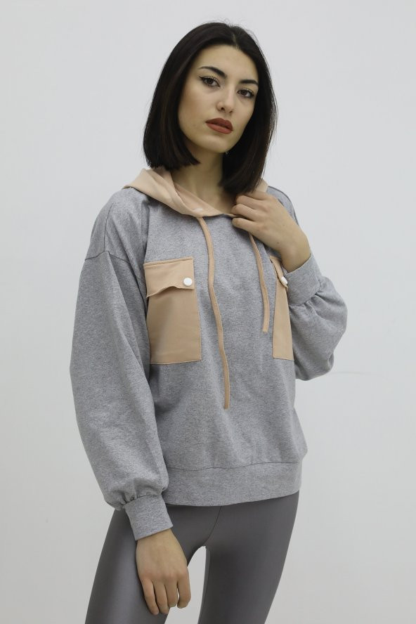 Kapşonlu Çift Cepli Sweat Gri - P-019798 - 3