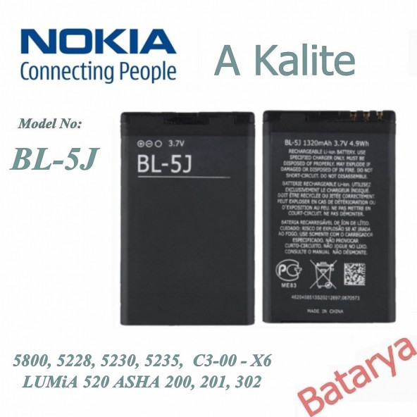 Nokia BL-5J Batarya 5800 5228 5230 5235 C3-00 X6 Lumia 520 Asha 2 Uyumlu Yedek Batarya