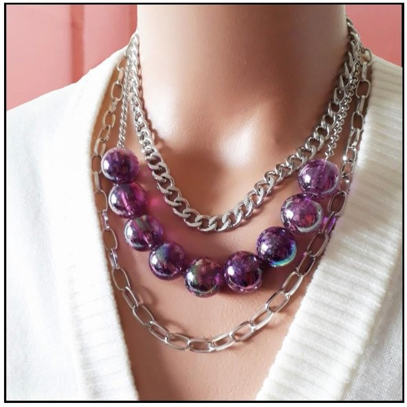 Gümüş Renk Zincir Kadın Çoklu Mor Boncuk Kolye ürün görseli