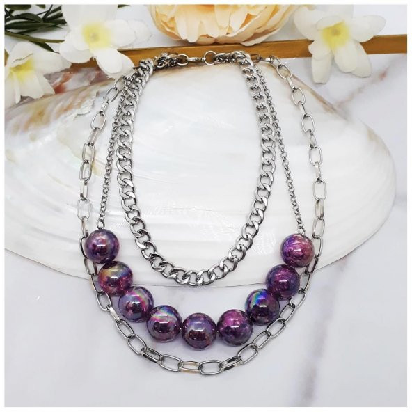 Gümüş Renk Zincir Kadın Çoklu Mor Boncuk Kolye - Resim 2