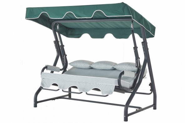 Salvia 3 Kişilik Bahçe Balkon Teras Salıncağı - Minder: Yeşil Çizgili Tente: Yeşil - 5