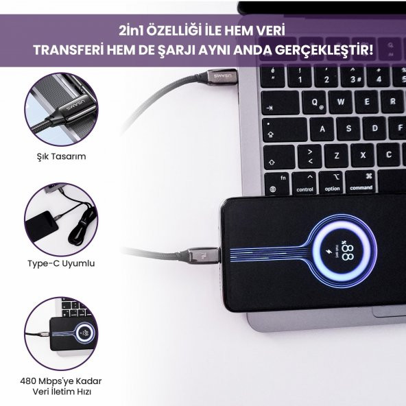 Usams US-SJ581 PD3.1 Type-C To Type-C Çinko Alaşım 240W Hızlı Şarj ve Data Kablosu 2m - 6