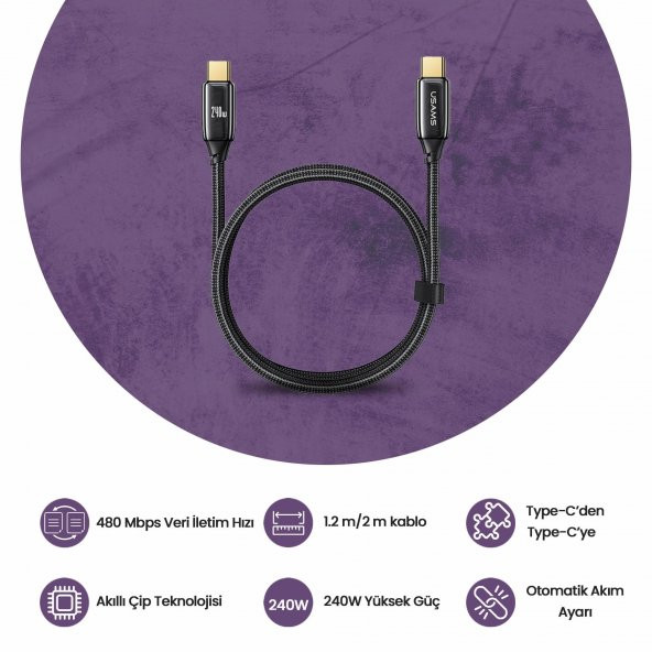 Usams US-SJ581 PD3.1 Type-C To Type-C Çinko Alaşım 240W Hızlı Şarj ve Data Kablosu 2m - 7