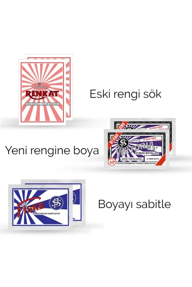 Kumaş Rengi Değişim Paketi 2 Adet Renk Sökücü + 2 Adet Mor Koyu Boya + 2 Adet Fiske