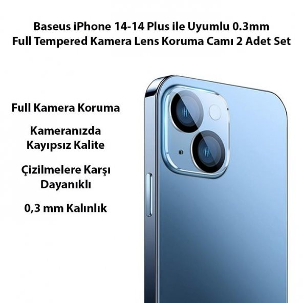 Baseus 2 Adet İPhone 14-14 Plus ile Uyumlu Ful Kaplama Kamera Lens Koruyucu, 0.3MM Tempered Koruyucu - 2