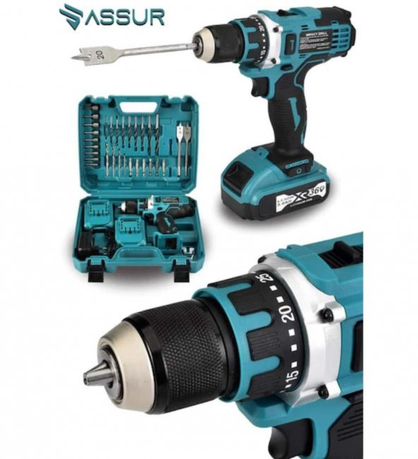 Assur Plus Çelik Mandren 36v 5 Ah Li-on Şarjlı Çift Akülü Matkap R-Hybrid 30 Parça Uç Usta Setli New - 3