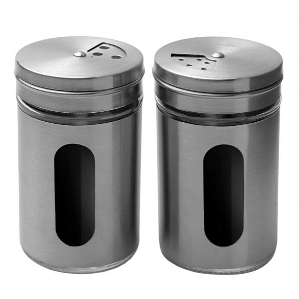 2 Adet Baharatlık Tuzluk Karabiberlik 3 Ayarlı Başlık, Cam Paslanmaz Çelik Kaplamalı 5 X 8 Cm ürün görseli 1