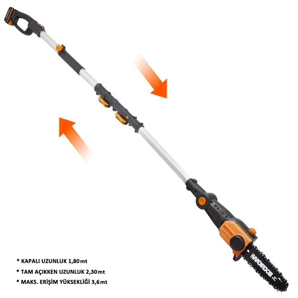 WORX WG349E 20Volt 2.0Ah Li-ion Tek Akülü 20CM Profesyonel Teleskobik Saplı Açı Ayarlı Zincirli Dal Budama - 2