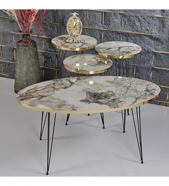 RUPON HOME 3 lü Zigon Orta Sehpa Takımı-Gri Mermer Desenli Gold - 1