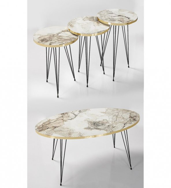 RUPON HOME 3 lü Zigon Orta Sehpa Takımı-Gri Mermer Desenli Gold - 2