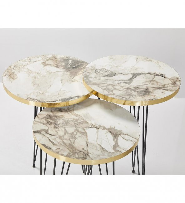 RUPON HOME 3 lü Zigon Orta Sehpa Takımı-Gri Mermer Desenli Gold - 4