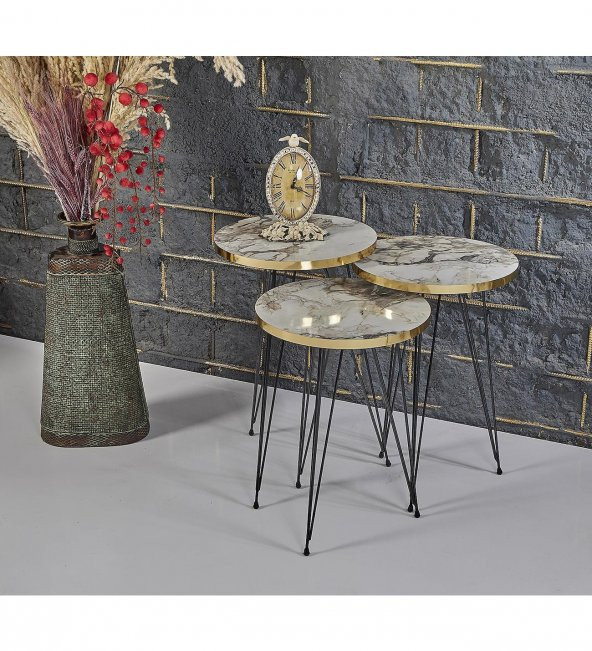RUPON HOME 3 lü Zigon Orta Sehpa Takımı-Gri Mermer Desenli Gold - 3