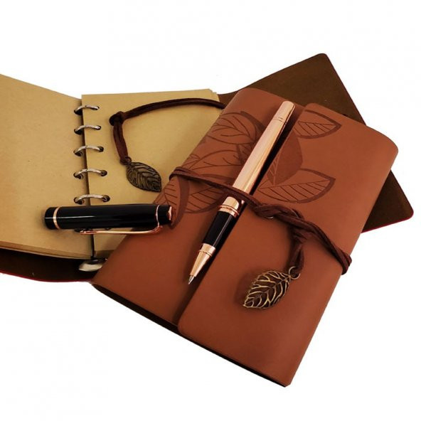Ahşap Kutulu Taba Renk Deri Defter ve Kalem Set - 2