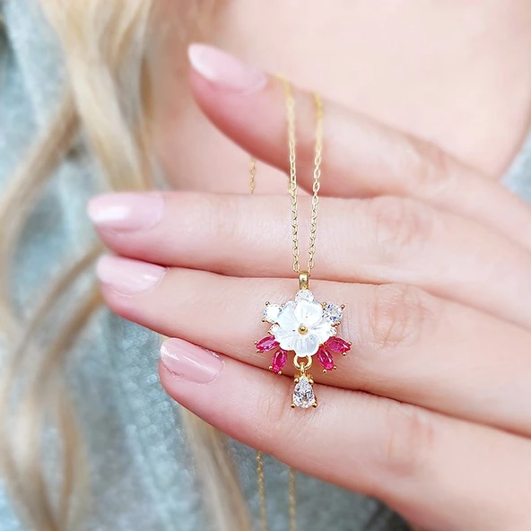 Vaoov 925 Ayar Gümüş Kırmızı Taşlı Sedef Çiçekli Kolye ürün görseli