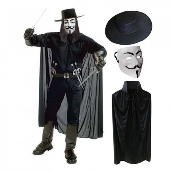 V For Vendetta Maskesi Şapkası ve Pelerin Kostüm Seti Yetişkin Boy