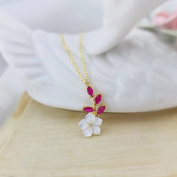 Vaoov 925 Ayar Gümüş Taşlı Sedef Çiçekli Kolye ürün görseli