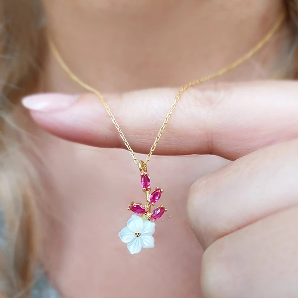 Vaoov 925 Ayar Gümüş Taşlı Sedef Çiçekli Kolye - Resim 2