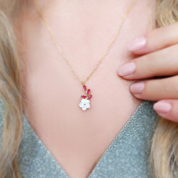 Vaoov 925 Ayar Gümüş Taşlı Sedef Çiçekli Kolye - Resim 4