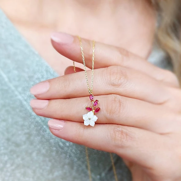 Vaoov 925 Ayar Gümüş Taşlı Sedef Çiçekli Kolye - Resim 3