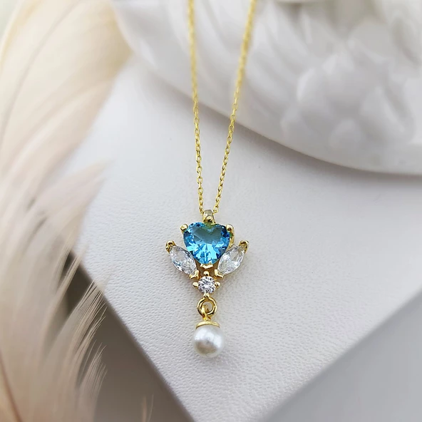 Vaoov 925 Ayar Gümüş Mavi Kalp Taşlı Kolye - Resim 3