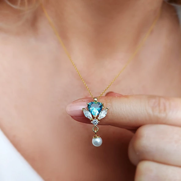 Vaoov 925 Ayar Gümüş Mavi Kalp Taşlı Kolye - Resim 4