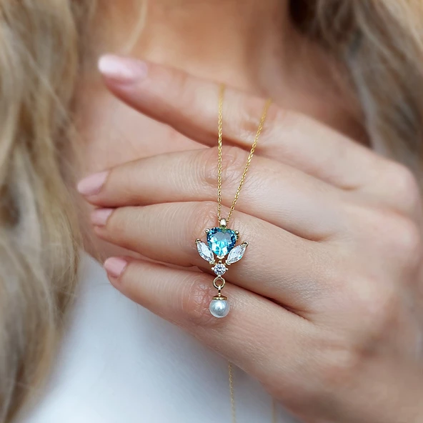 Vaoov 925 Ayar Gümüş Mavi Kalp Taşlı Kolye - Resim 2