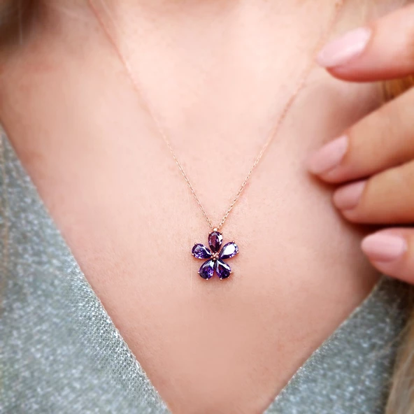 Vaoov 925 Ayar Gümüş Mor Menekşe Kolye - Resim 3
