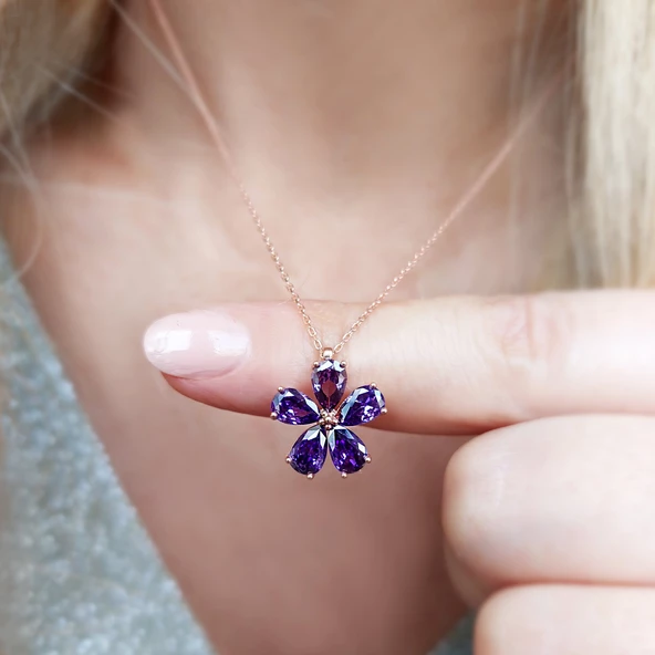 Vaoov 925 Ayar Gümüş Mor Menekşe Kolye - Resim 4