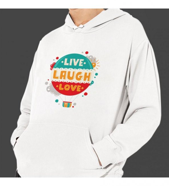 Sevgililer Gününe Özel Live Laughe Love Temalı Cepli, Kapşonlu Beyaz Unisex Sweatshirt HK2524
