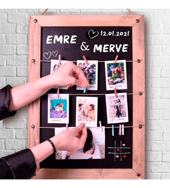 Sevgililer Günü Sevgiliye Hediye 8 POLA FOTO BASKILI Ahşap Karatahtalı Duvar Fotoğraf Çerçevesi HK2521