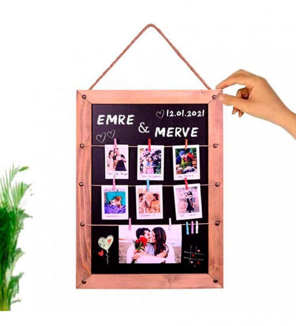 Sevgililer Günü Sevgiliye Hediye 8 POLA FOTO BASKILI Ahşap Karatahtalı Duvar Fotoğraf Çerçevesi HK2521 - 2