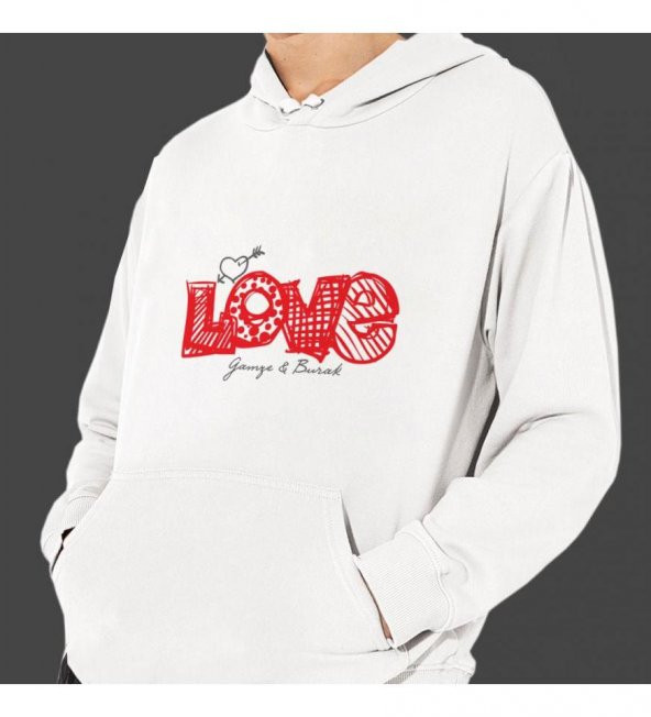 Kişiye Özel Love Temalı Sevgiliye Özel Cepli, Kapşonlu Beyaz Unisex Sweatshirt HK2519