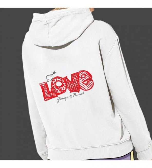 Kişiye Özel Love Temalı Sevgiliye Özel Kapşonlu Beyaz Unisex Sweatshirt HK2519 - 3