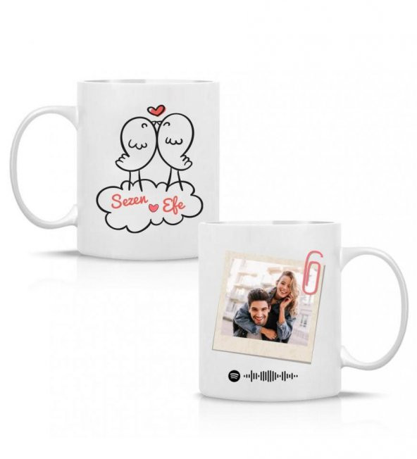 Kişiye Özel İsim, Foto ve Spotify Müzik Kodu Baskılı Mutlu Kuşlar Temalı Sevgili Kupa HK2512