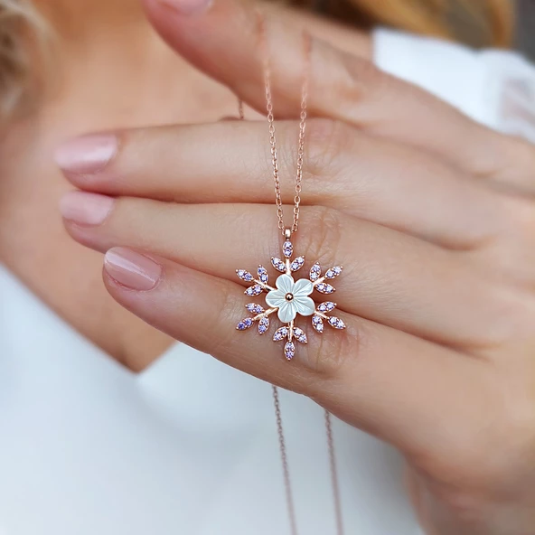 Vaoov 925 Ayar Gümüş Sedef Çiçekli Kar Tanesi Kolye - Resim 3