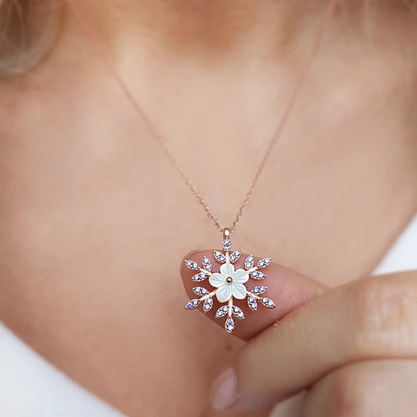 Vaoov 925 Ayar Gümüş Sedef Çiçekli Kar Tanesi Kolye - Resim 5