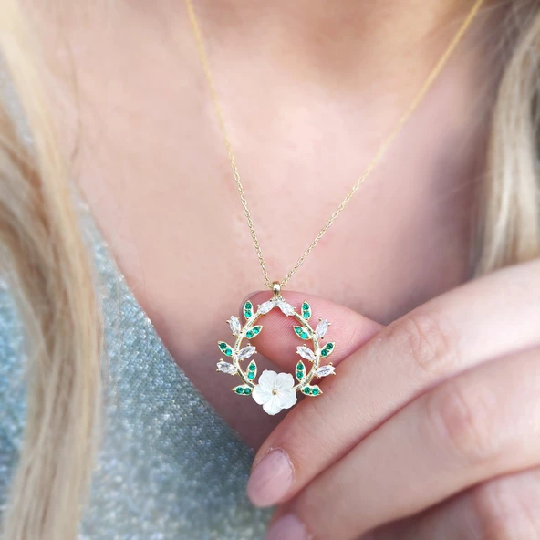 Vaoov 925 Ayar Gümüş Yeşil Taşlı Sedef Çiçek Kolye ürün görseli 1