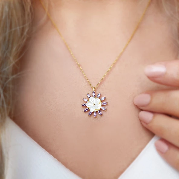 Vaoov 925 Ayar Gümüş Mor Taşlı Çiçek Kolye - Resim 4